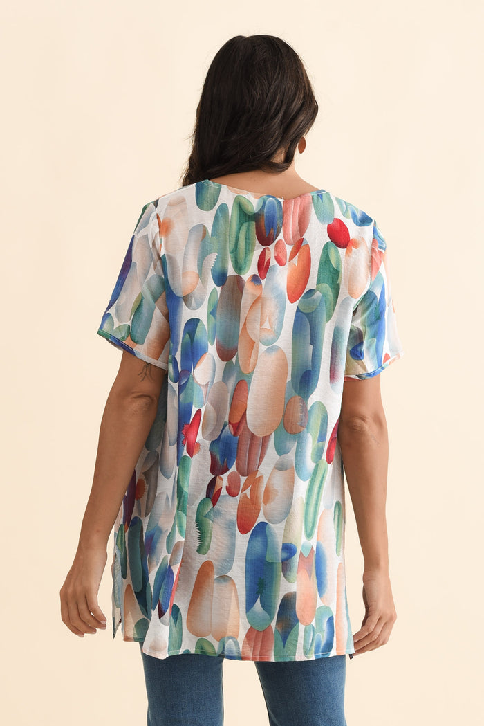 Alvina Blue Abstract Layered Tunic Top,Brunette model,alt text|model:Brontie