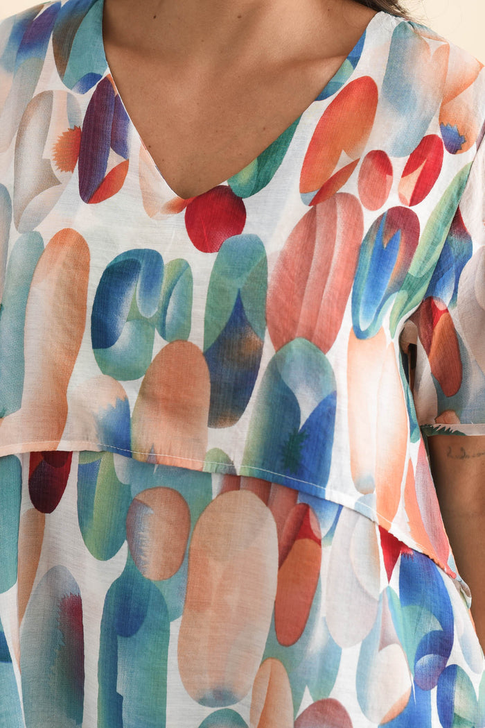Alvina Blue Abstract Layered Tunic Top,Brunette model,alt text|model:Brontie