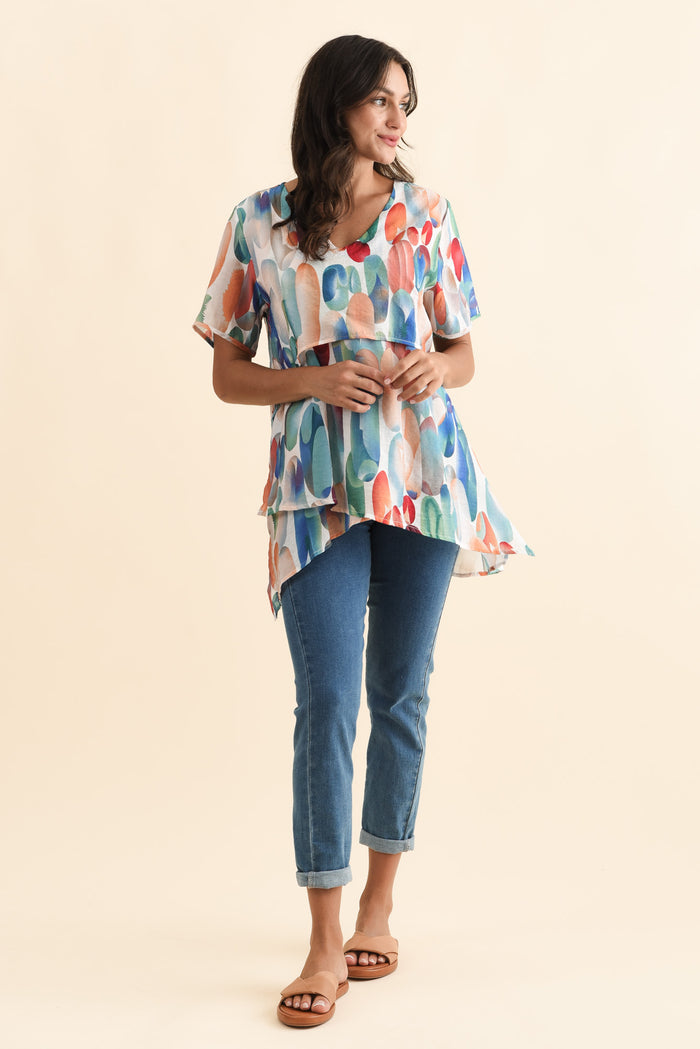Alvina Blue Abstract Layered Tunic Top,Brunette model,alt text|model:Brontie