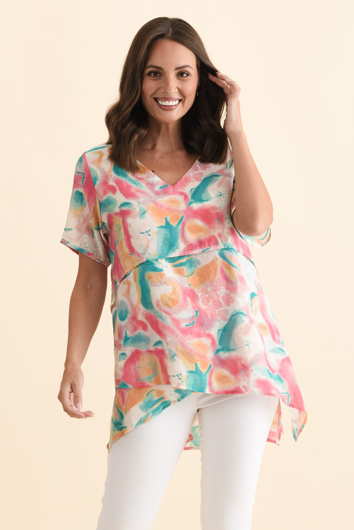 Alvina Teal Abstract Layered Tunic Top,Brunette model,alt text|model:MJ