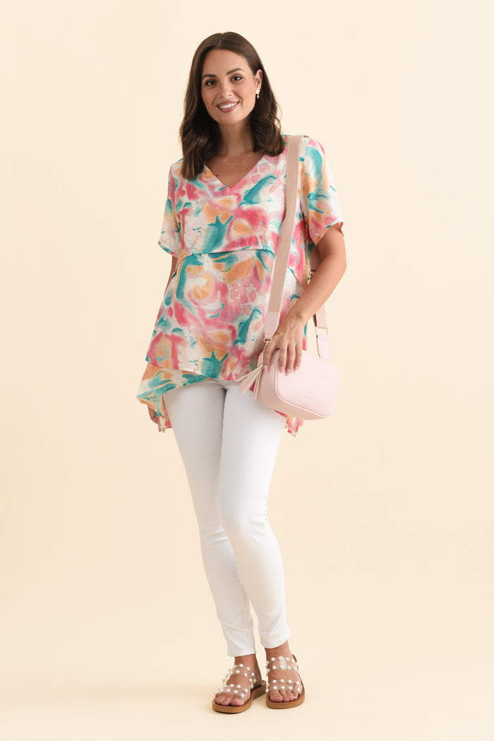 Alvina Teal Abstract Layered Tunic Top,Brunette model,alt text|model:MJ