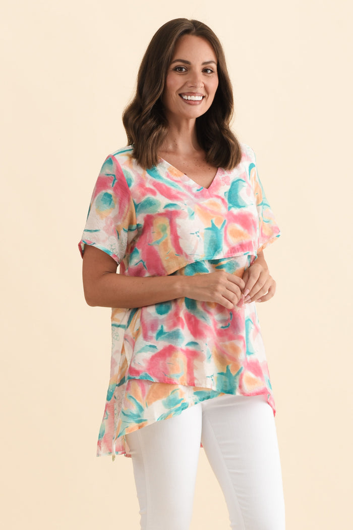 Alvina Teal Abstract Layered Tunic Top,Brunette model,alt text|model:MJ
