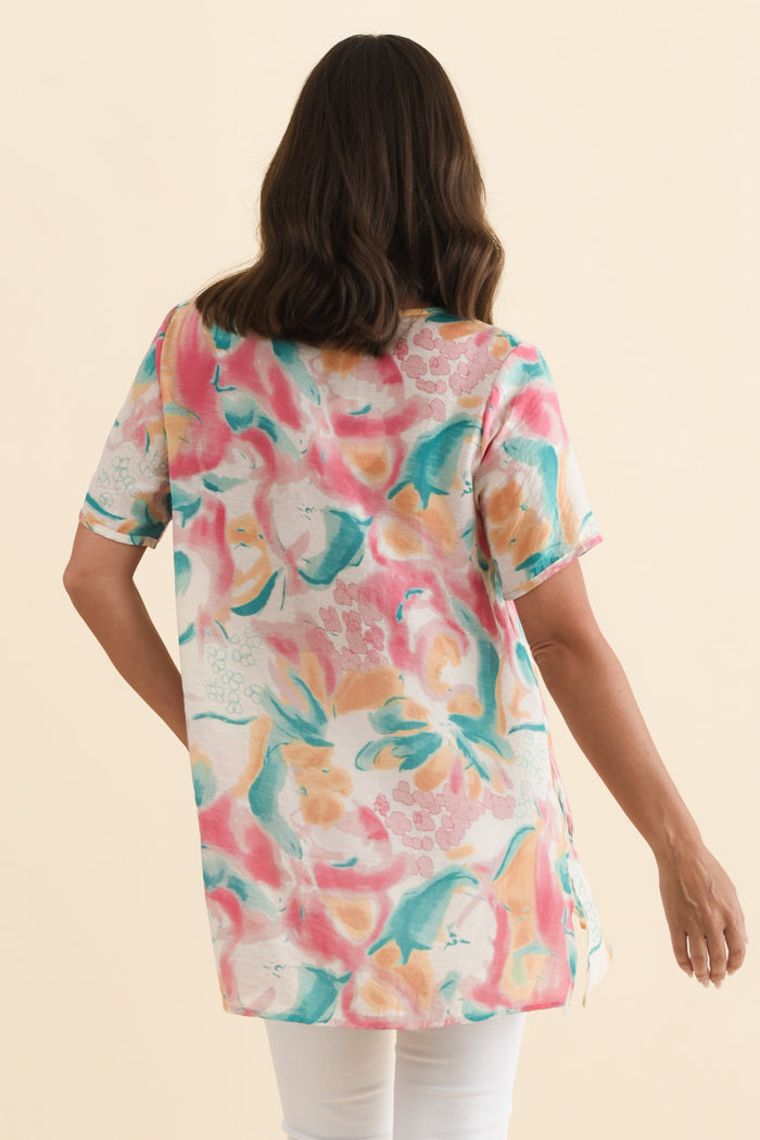 Alvina Teal Abstract Layered Tunic Top,Brunette model,alt text|model:MJ
