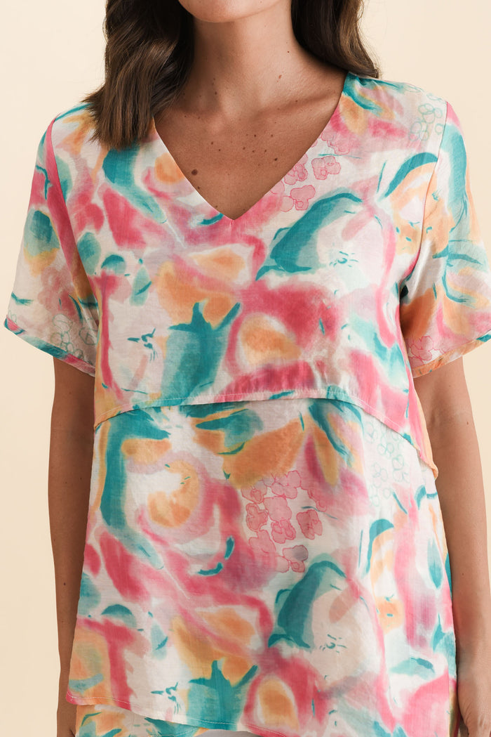 Alvina Teal Abstract Layered Tunic Top,Brunette model,alt text|model:MJ