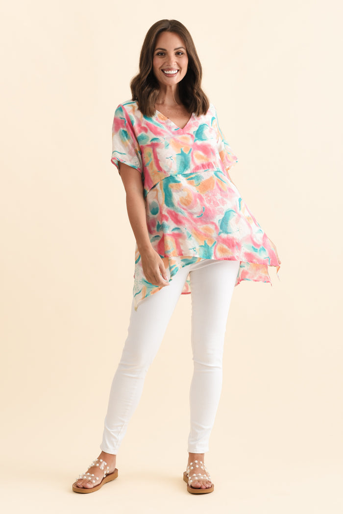 Alvina Teal Abstract Layered Tunic Top,Brunette model,alt text|model:MJ
