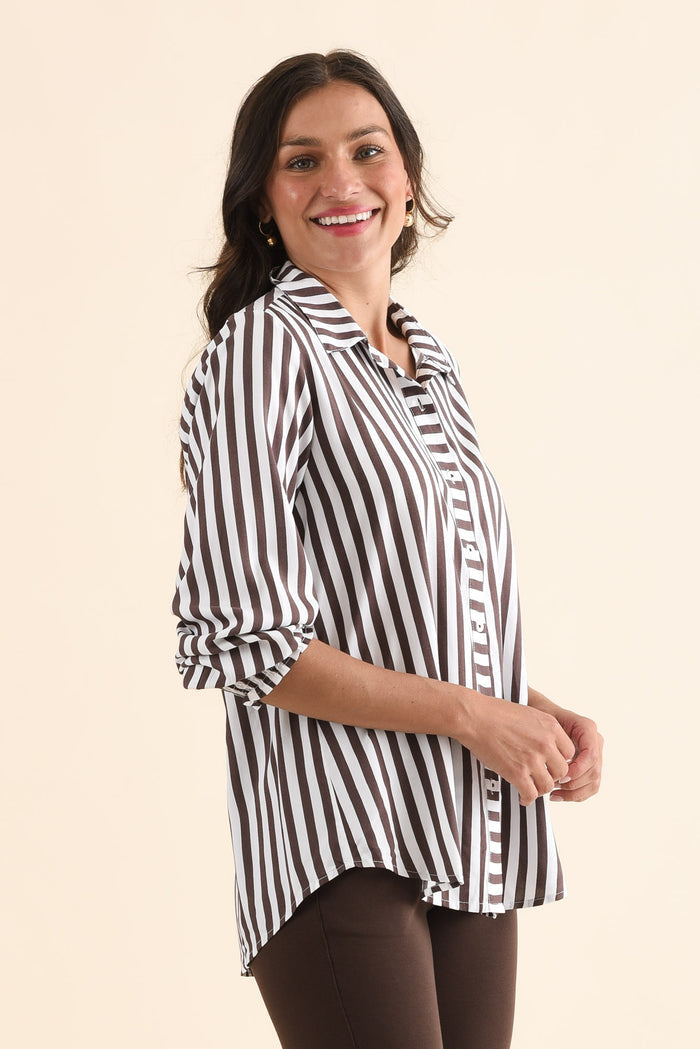 Amour Chocolate Stripe Puff Sleeve Shirt,Side,Brunette model,alt text|model:Brontie