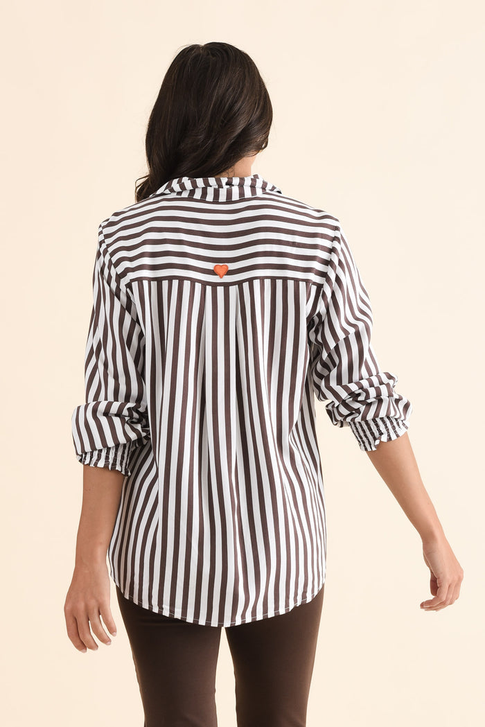 Amour Chocolate Stripe Puff Sleeve Shirt,Back,Brunette model,alt text|model:Brontie