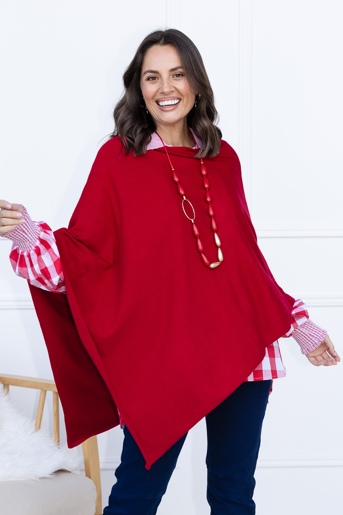 Amy Burgundy Wool Blend Poncho,Brunette model,Lifestyle
