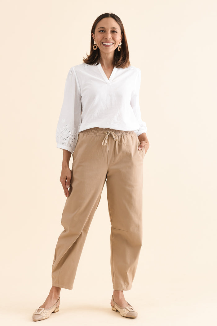 Andy Beige Cotton Barrel Pants,Full Body,Brunette model,alt text|model:Cara