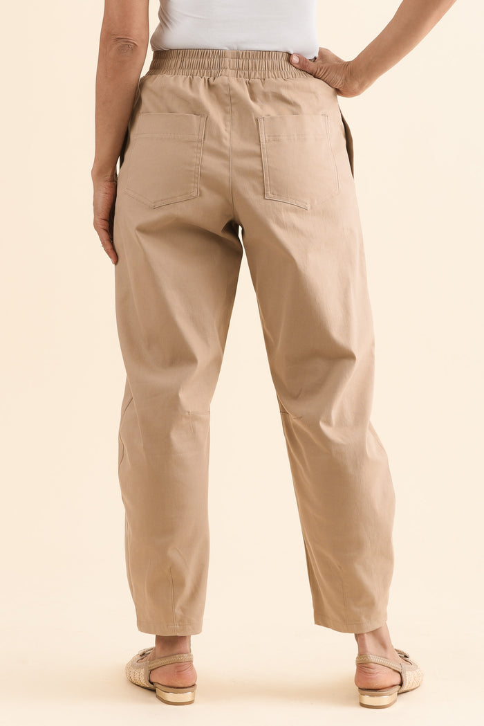 Andy Beige Cotton Barrel Pants,Back,Brunette model,alt text|model:Cara