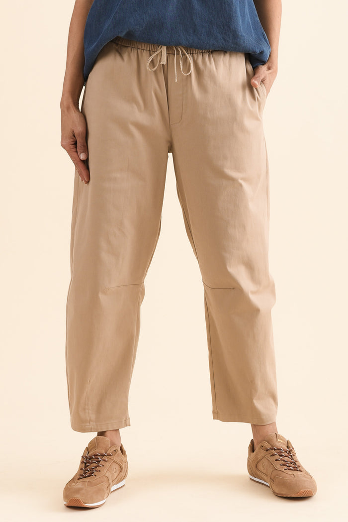 Andy Beige Cotton Cropped Barrel Pants,Front,Brunette model,alt text|model:Cara