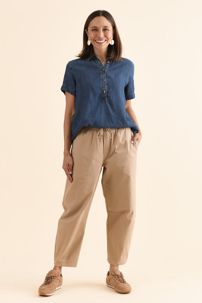 Andy Beige Cotton Cropped Barrel Pants,Full Body,Brunette model,alt text|model:Cara