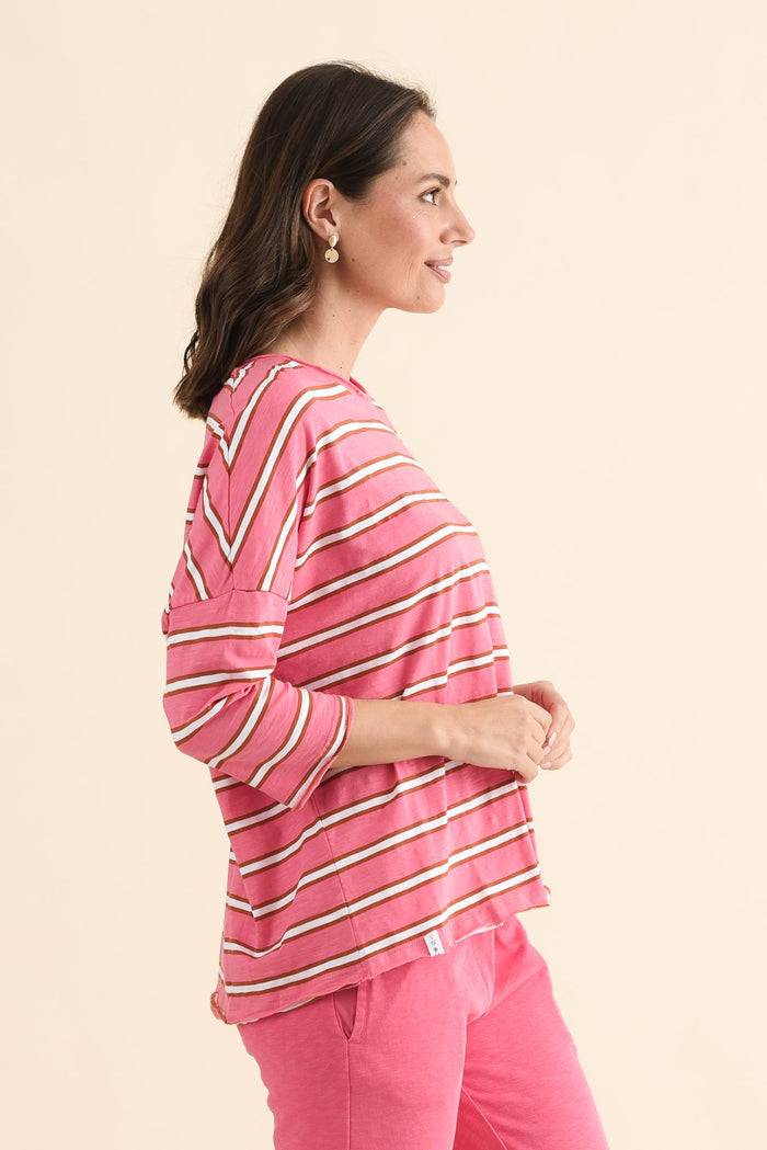 Anya Melon Stripe Cotton Top,Side,Brunette model,alt text|model:MJ