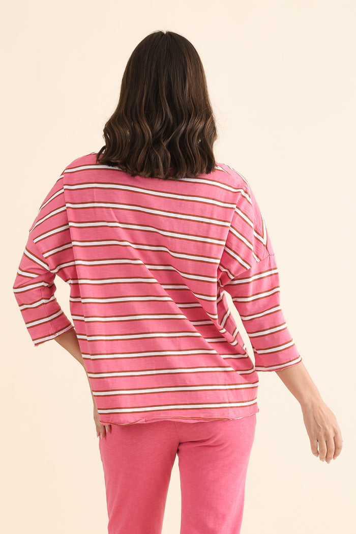 Anya Melon Stripe Cotton Top,Back,Brunette model,alt text|model:MJ