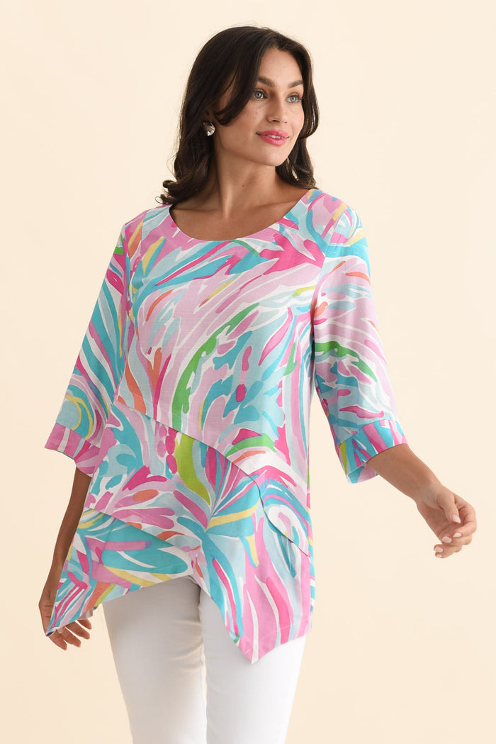 Anya Pink Swirl Linen Cotton Top,Brunette model,alt text|model:Brontie