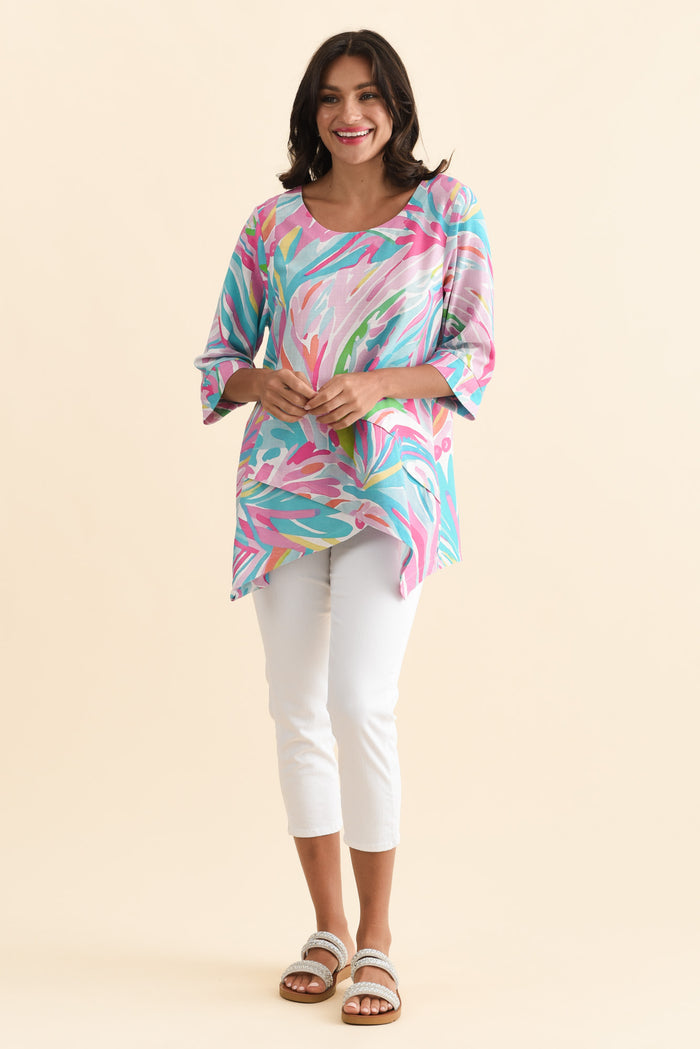Anya Pink Swirl Linen Cotton Top,Brunette model,alt text|model:Brontie