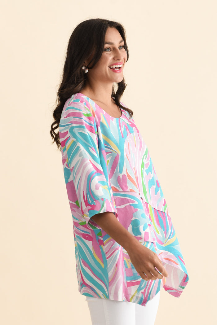 Anya Pink Swirl Linen Cotton Top,Brunette model,alt text|model:Brontie