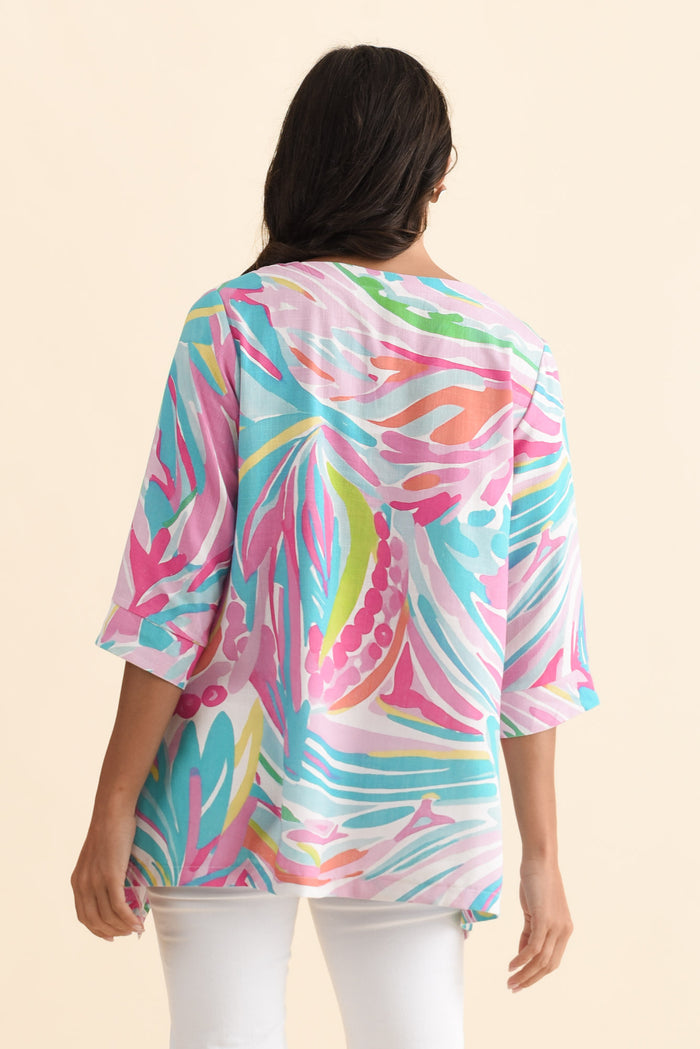 Anya Pink Swirl Linen Cotton Top,Brunette model,alt text|model:Brontie