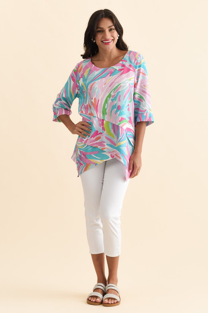 Anya Pink Swirl Linen Cotton Top,Brunette model,alt text|model:Brontie