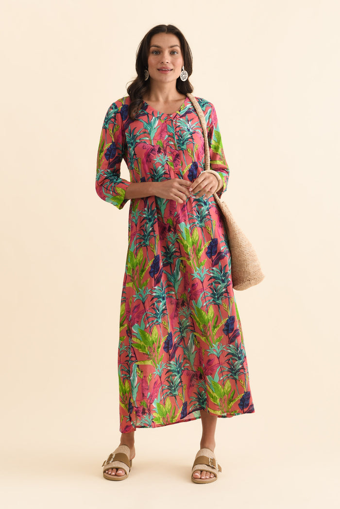 Apia Pink Tropical Cotton Maxi Dress,Brunette model,alt text|model:Brontie