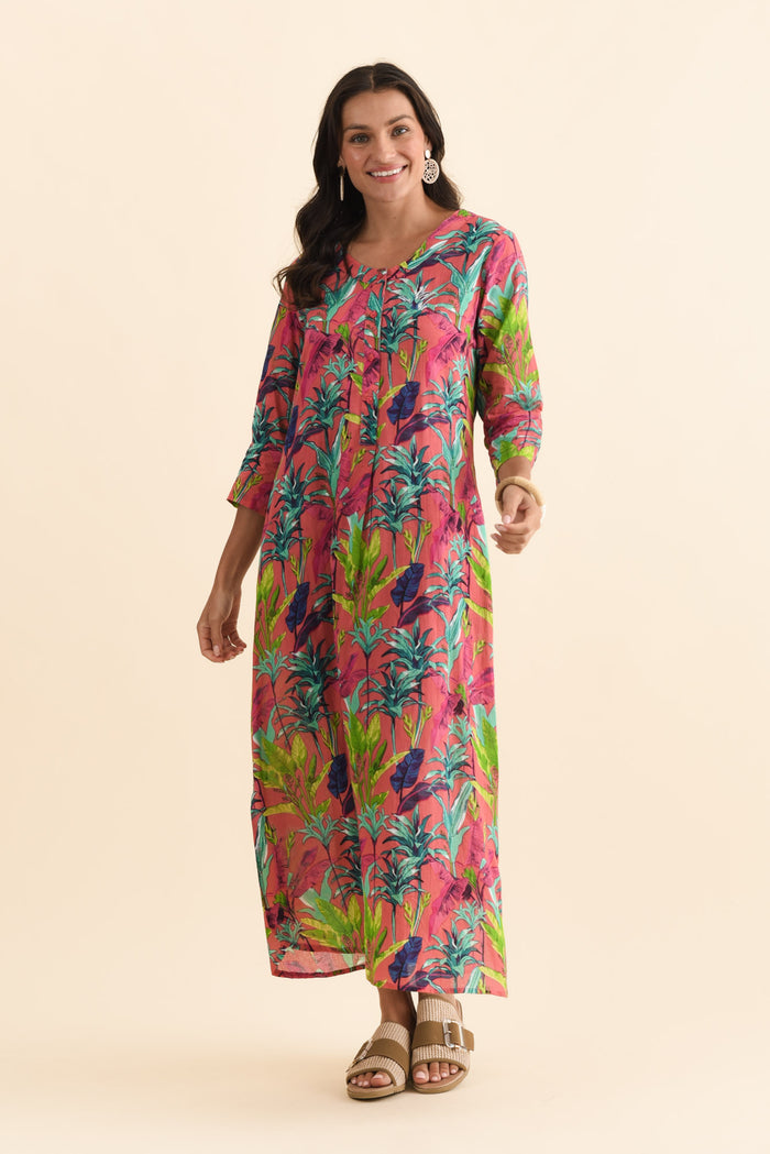 Apia Pink Tropical Cotton Maxi Dress,Brunette model,alt text|model:Brontie