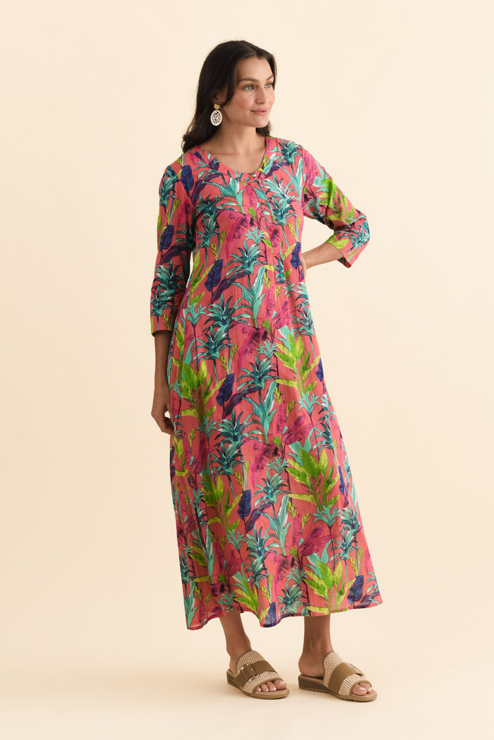 Apia Pink Tropical Cotton Maxi Dress,Brunette model,alt text|model:Brontie