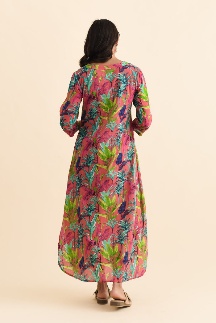 Apia Pink Tropical Cotton Maxi Dress,Brunette model,alt text|model:Brontie