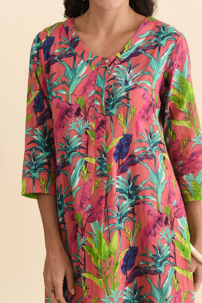 Apia Pink Tropical Cotton Maxi Dress,Brunette model,alt text|model:Brontie