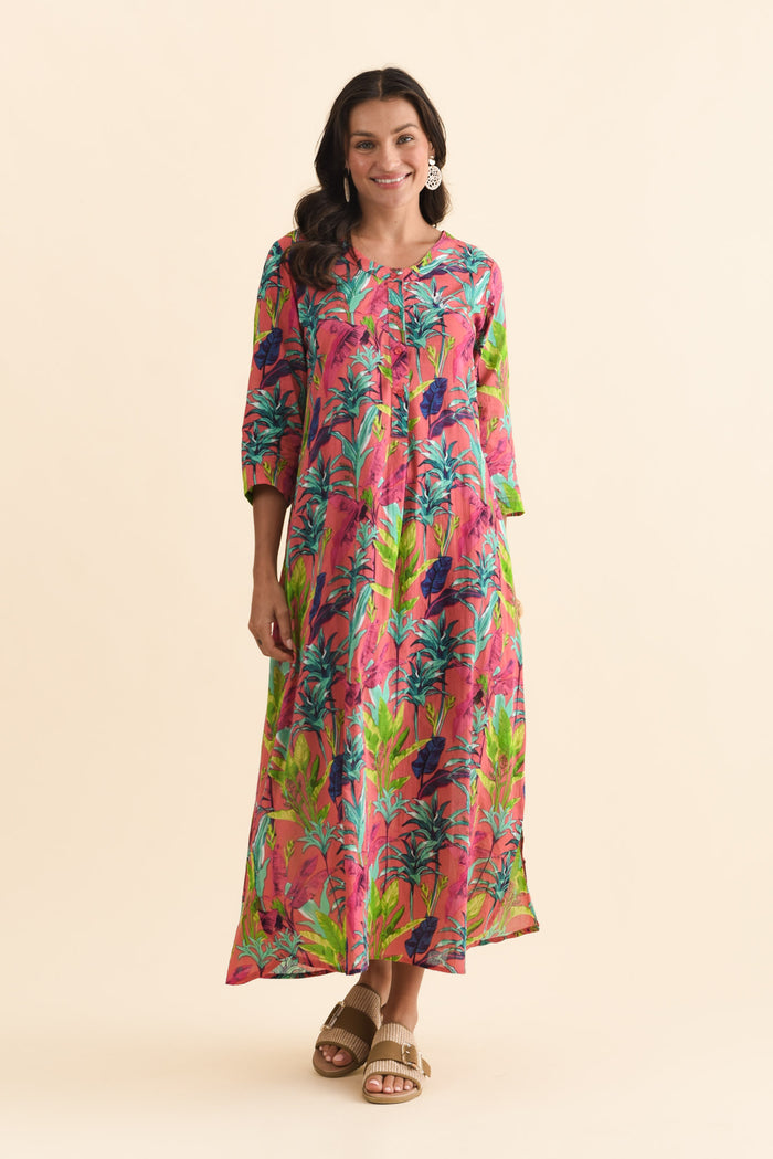 Apia Pink Tropical Cotton Maxi Dress,Brunette model,alt text|model:Brontie