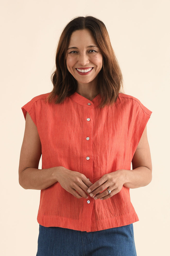April Orange Stripe Linen Button Top,Front,Brunette model,alt text|model:Cara