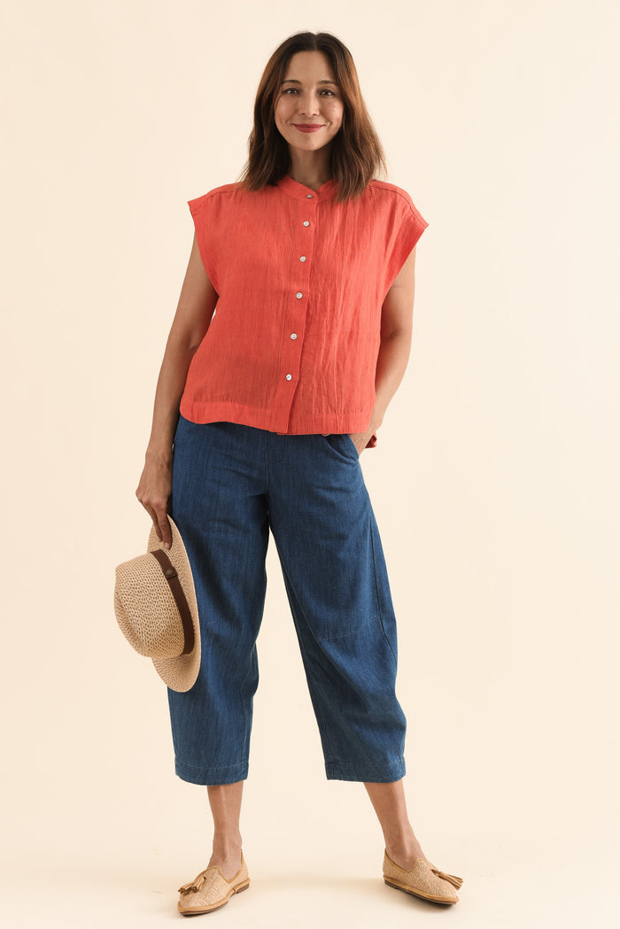 April Orange Stripe Linen Button Top,Full Body,Brunette model,alt text|model:Cara