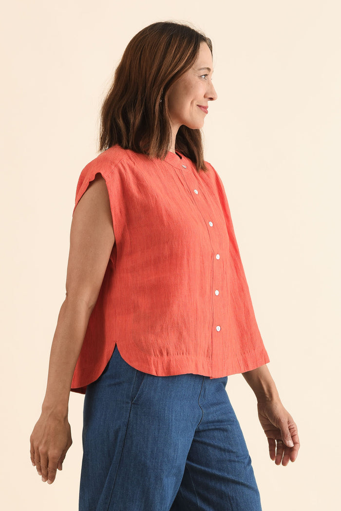 April Orange Stripe Linen Button Top,Side,Brunette model,alt text|model:Cara