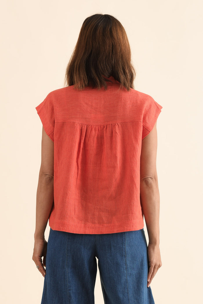 April Orange Stripe Linen Button Top,Back,Brunette model,alt text|model:Cara