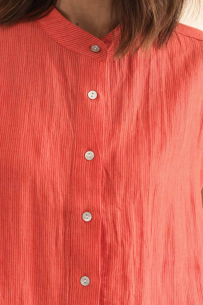 April Orange Stripe Linen Button Top,Detail,Brunette model,alt text|model:Cara