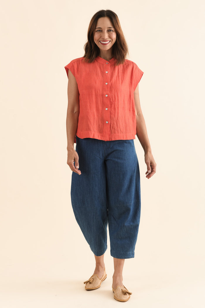 April Orange Stripe Linen Button Top,Full Body,Brunette model,alt text|model:Cara
