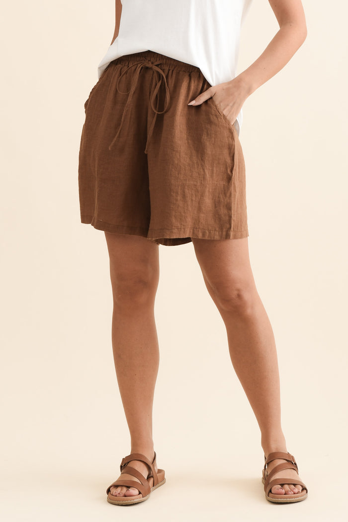 Astoria Chocolate Linen Drawstring Shorts,Brunette model,alt text|model:MJ