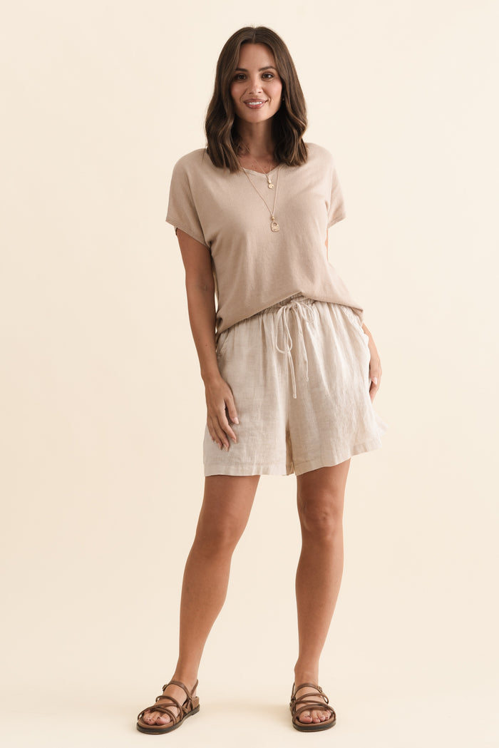 Astoria Natural Linen Drawstring Shorts,Brunette model,alt text|model:MJ