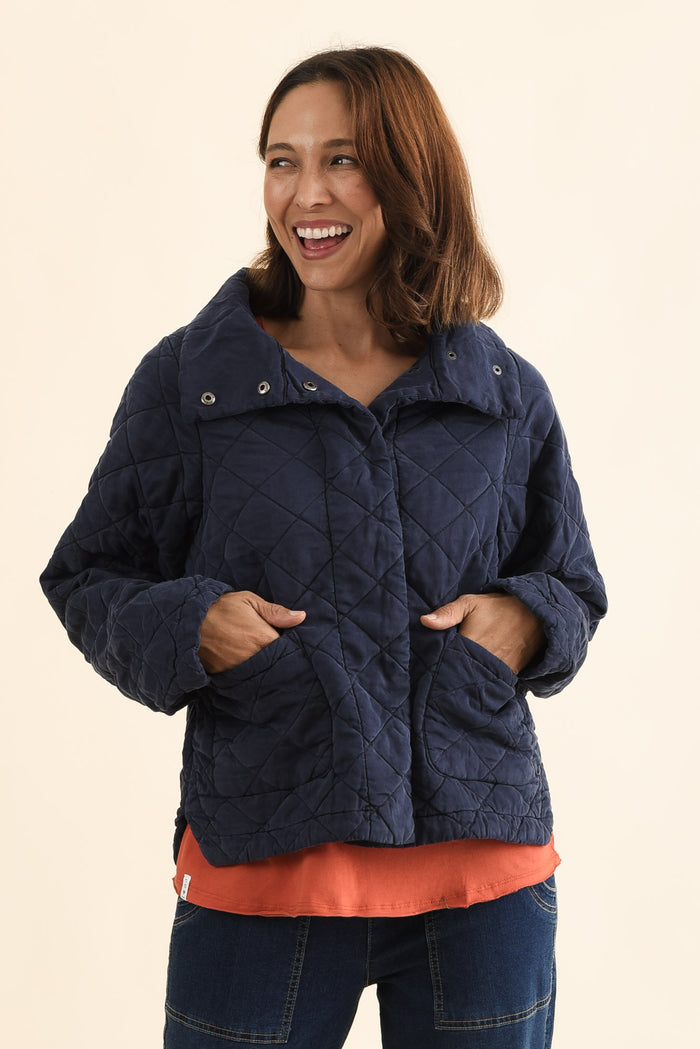 Aurora Navy Quilted Jacket,Front,Brunette model,alt text|model:Cara