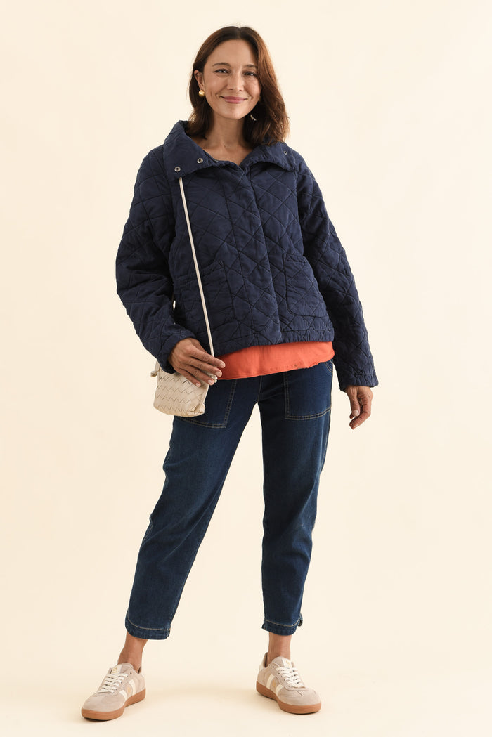 Aurora Navy Quilted Jacket,Full Body,Brunette model,alt text|model:Cara