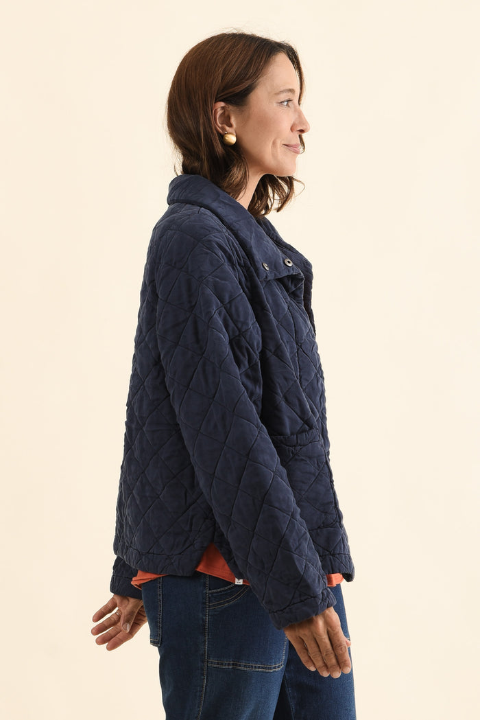 Aurora Navy Quilted Jacket,Side,Brunette model,alt text|model:Cara