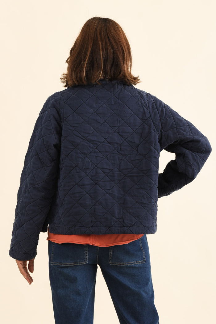 Aurora Navy Quilted Jacket,Back,Brunette model,alt text|model:Cara