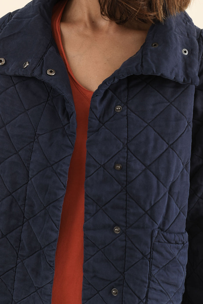 Aurora Navy Quilted Jacket,Detail,Brunette model,alt text|model:Cara