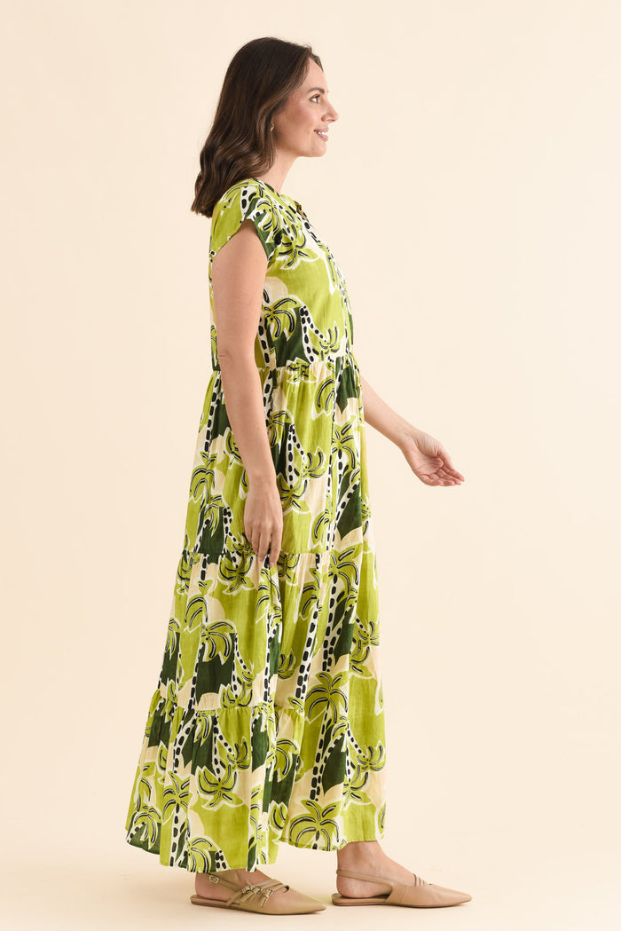 Avery Green Tropical Cotton Dress,Side,Brunette model,alt text|model:MJ