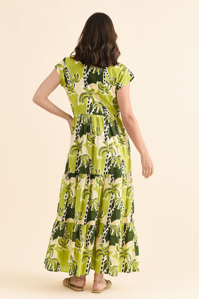 Avery Green Tropical Cotton Dress,Back,Brunette model,alt text|model:MJ