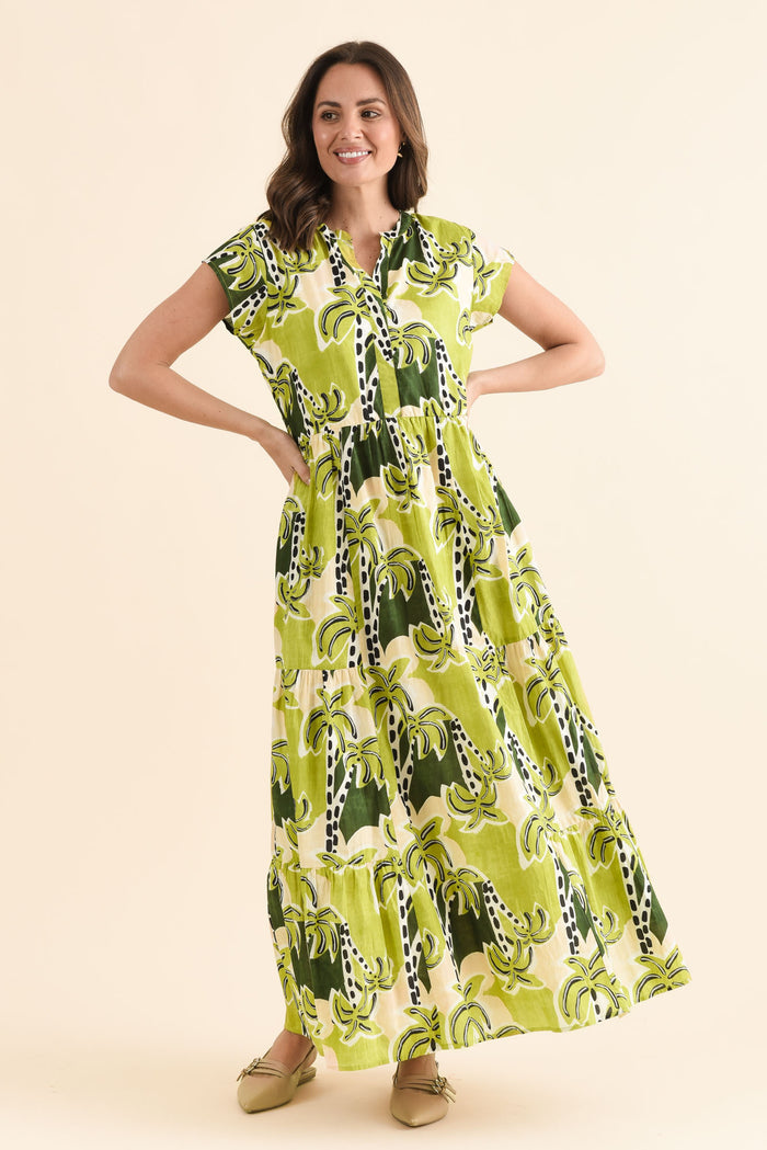 Avery Green Tropical Cotton Dress,Full Body,Brunette model,alt text|model:MJ