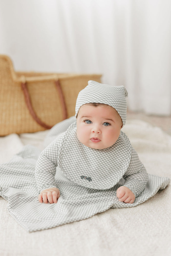Baby Boy Bib – Blue – Checked Race Car