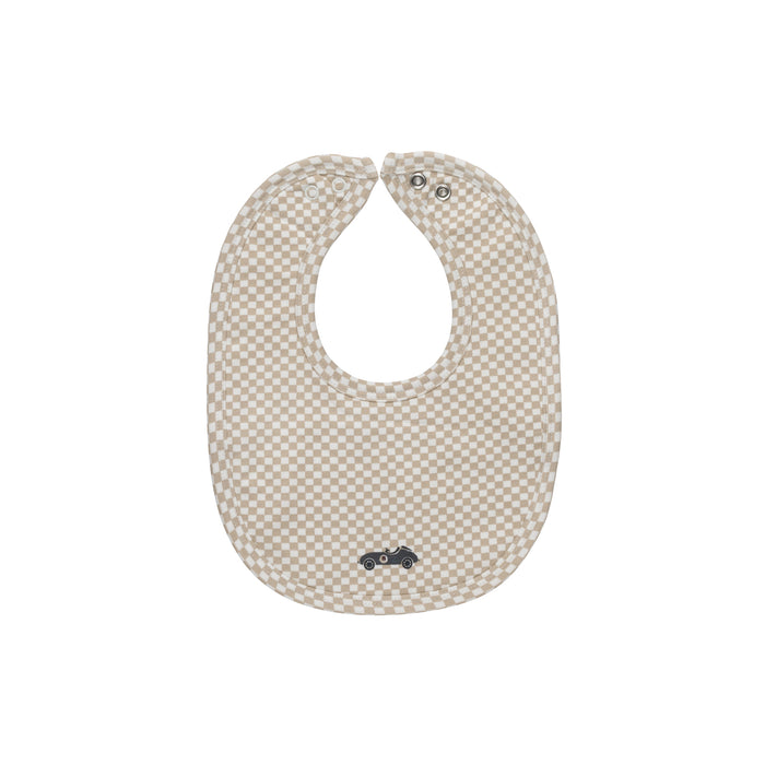 Baby Boy Bib – Tan – Checked Race Car