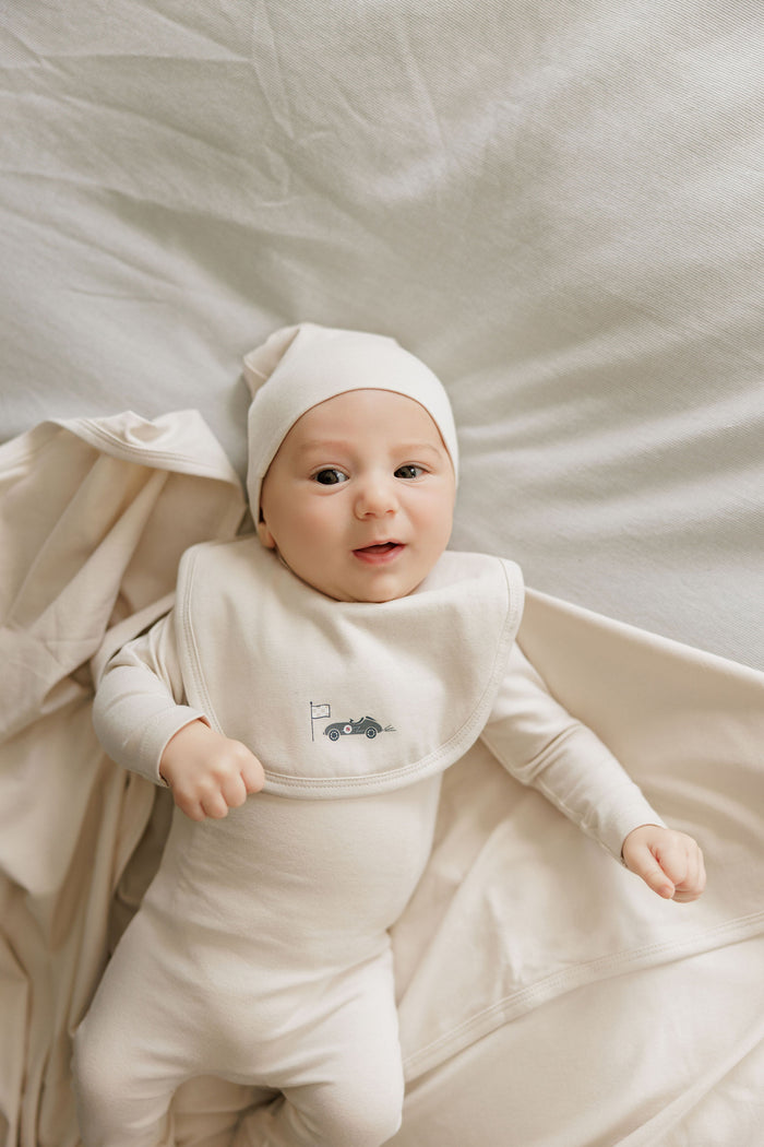 Baby Boy Bib – Tan – Race Car