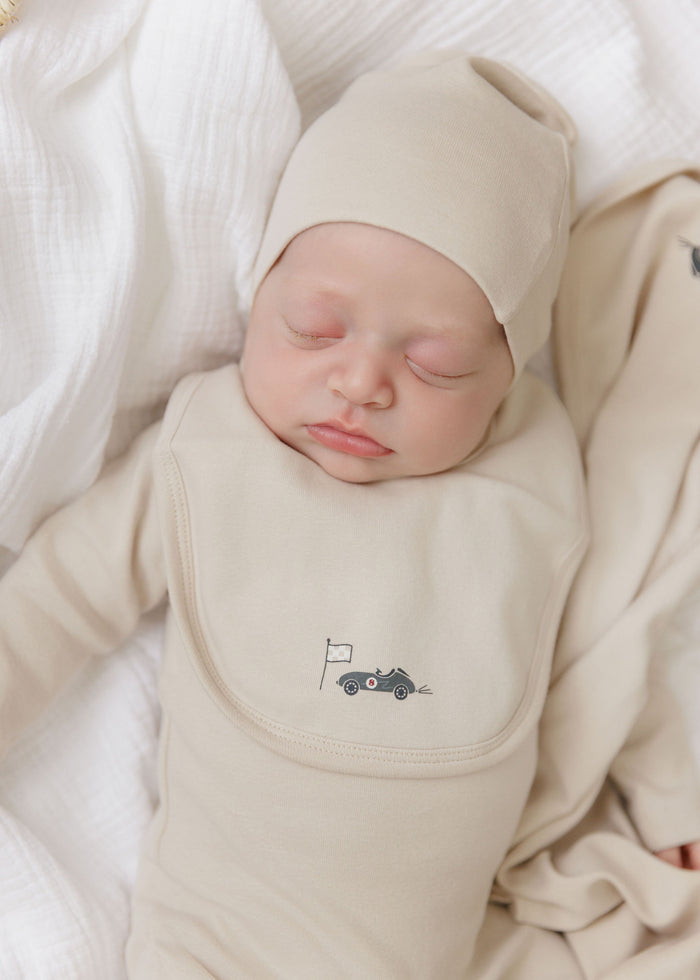 Baby Boy Bib – Tan – Race Car
