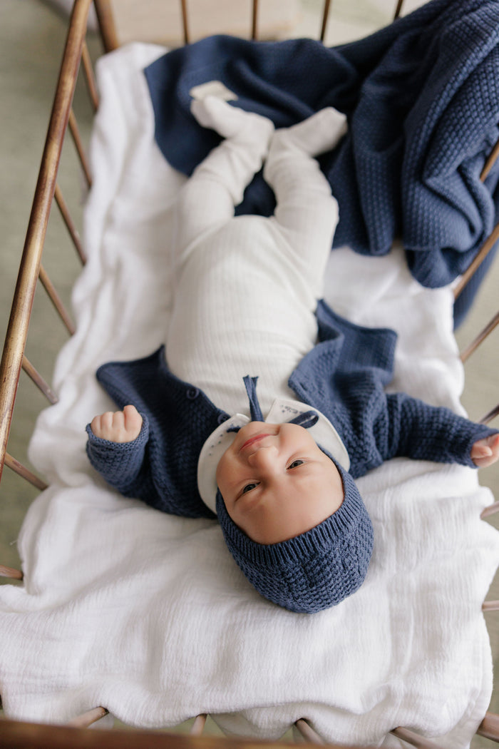 Baby Boy Blanket – Blue – Floral Star Knit